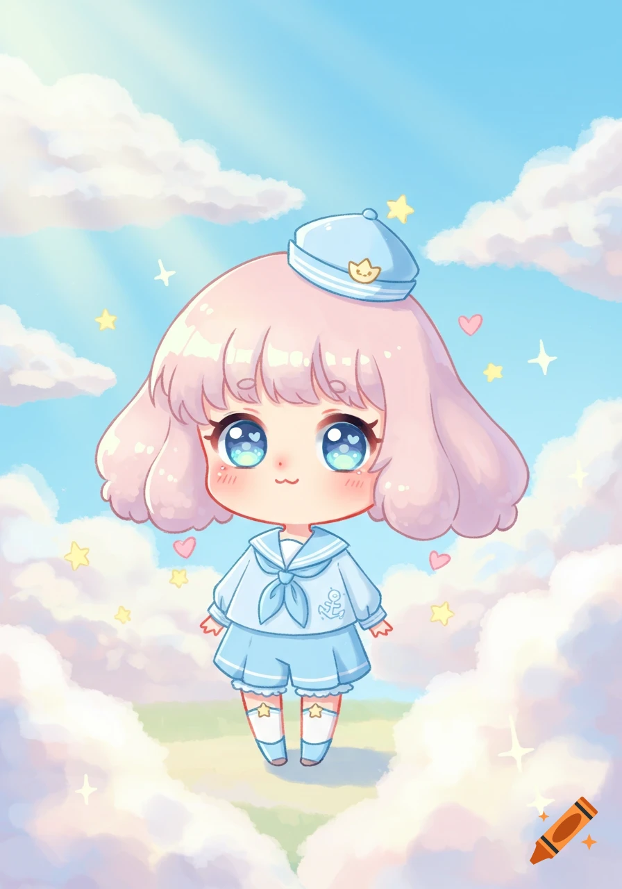 A cute anime chibi character with pink hair and big blue eyes, wearing a blue sailor outfit, floats among fluffy clouds with stars and hearts.