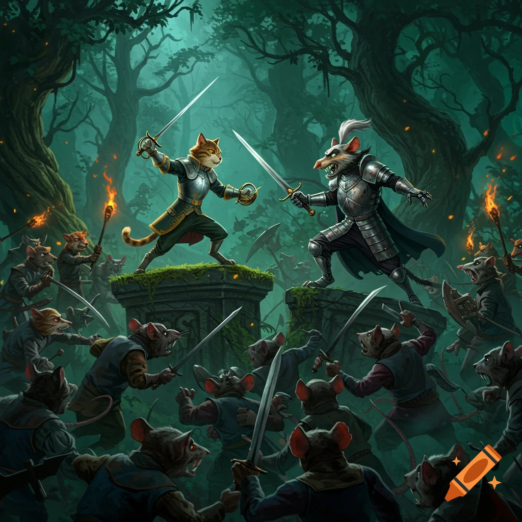 An armored cat and a rat duel with swords in a dark forest, surrounded by battling armies of rats.