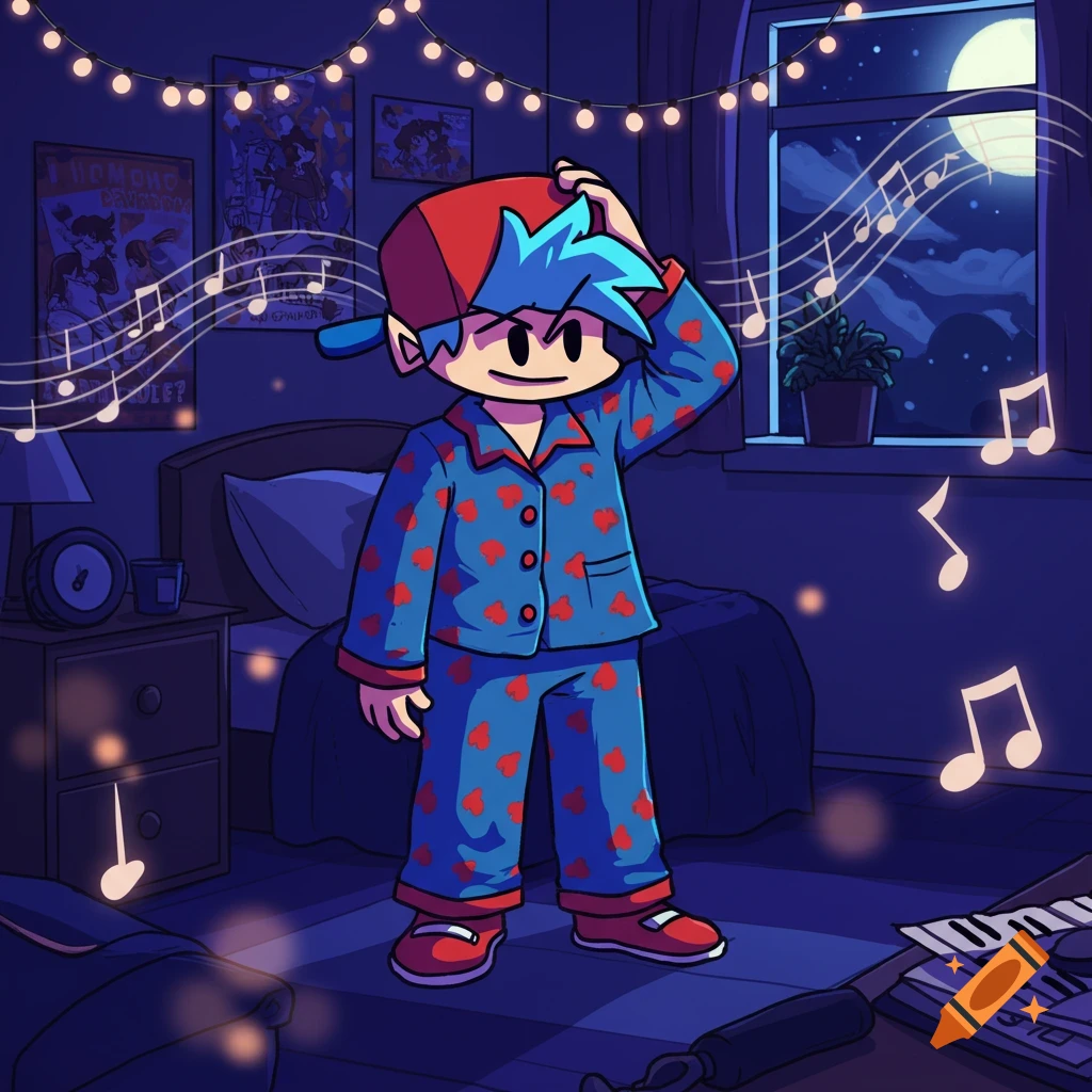 Cartoon character, Boyfriend from FNF, in blue heart-patterned pajamas stands in a dark bedroom with string lights and musical notes.