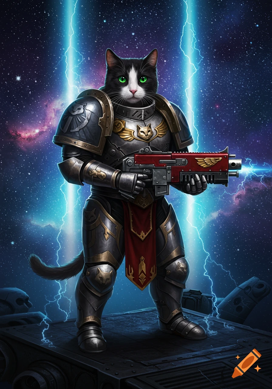 A tuxedo cat in detailed silver and gold space marine armor, holding a red futuristic rifle, stands against a cosmic background with blue lightning.