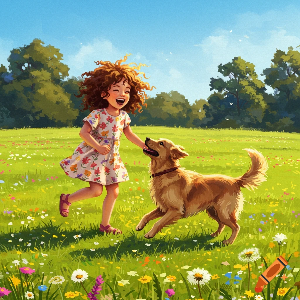 A happy girl with curly hair runs and plays with a golden retriever in a green field filled with wildflowers.
