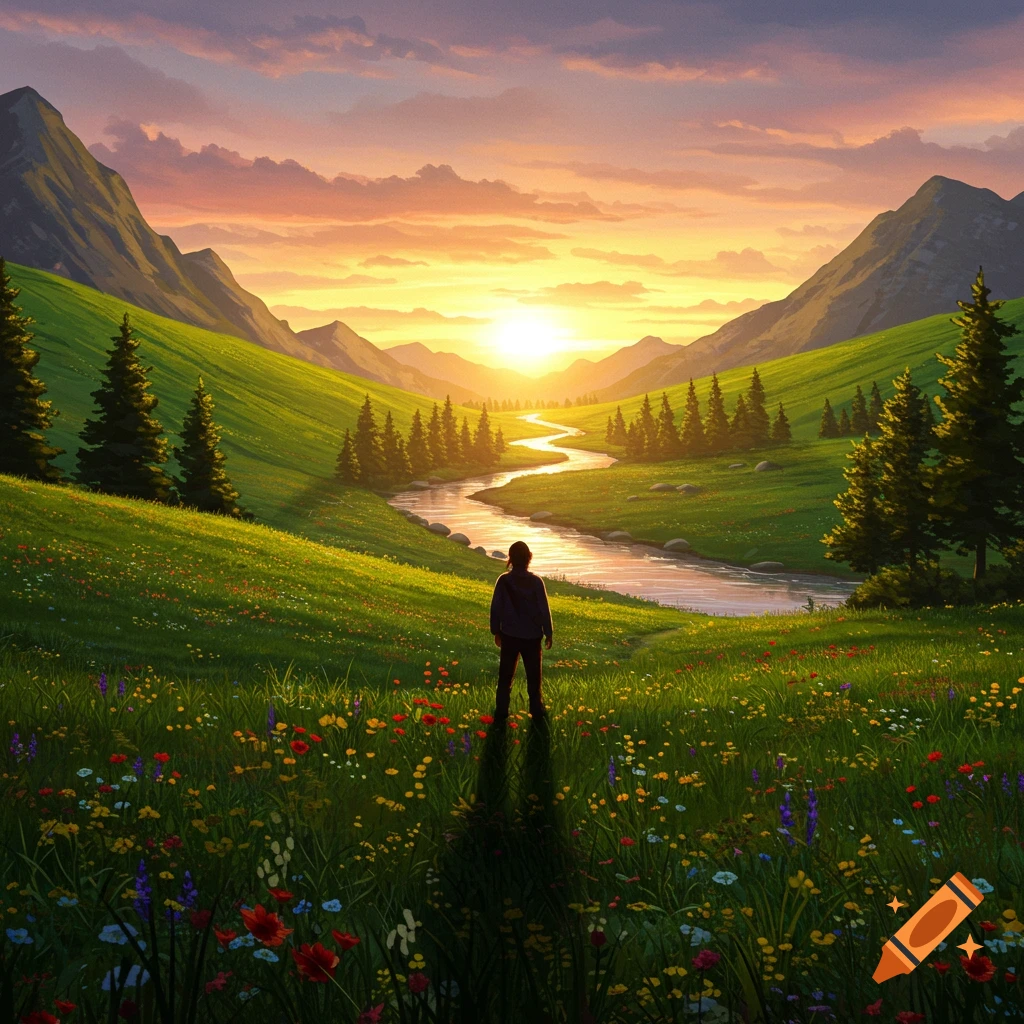 Digital painting of a person standing in a vibrant green valley with a river, looking towards a beautiful sunset over mountains.