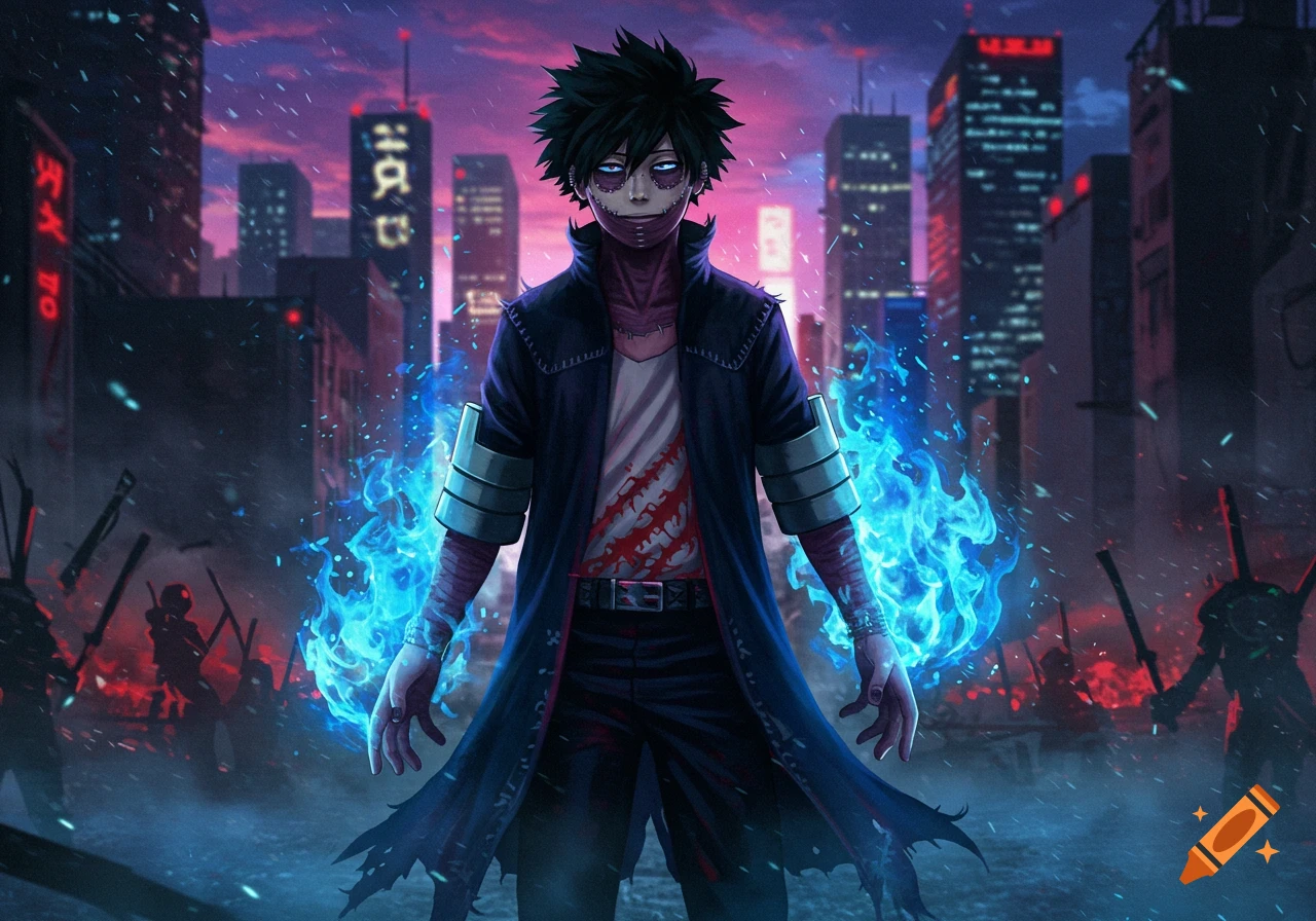 Anime character resembling Dabi with staples and blue flames stands in a ruined city at night.