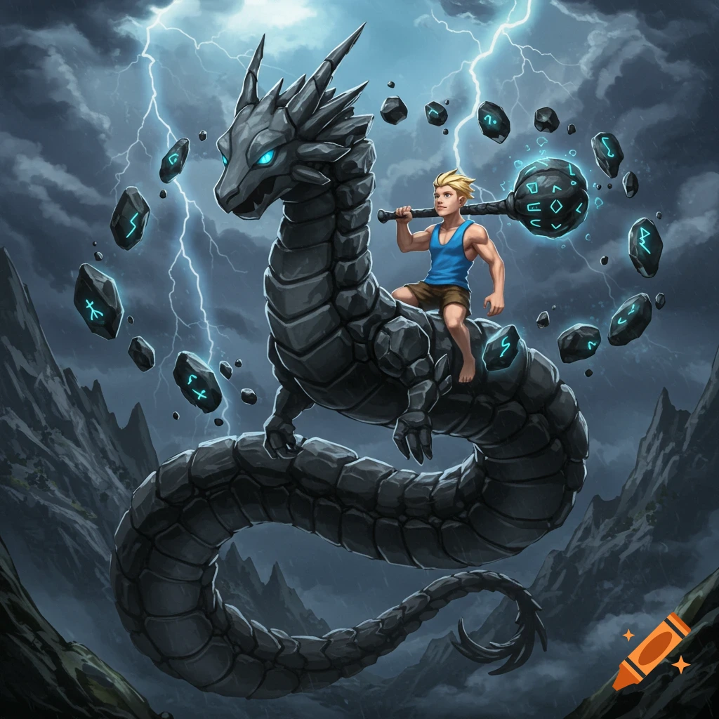 A buff blonde boy riding a large, dark, serpentine dragon in a stormy sky with floating magical rocks and holding a glowing mace.