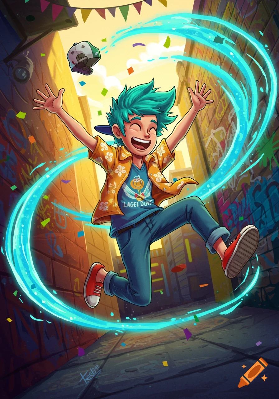 Cartoon boy with green hair jumps excitedly in a graffiti-filled alley with confetti and blue light trails.