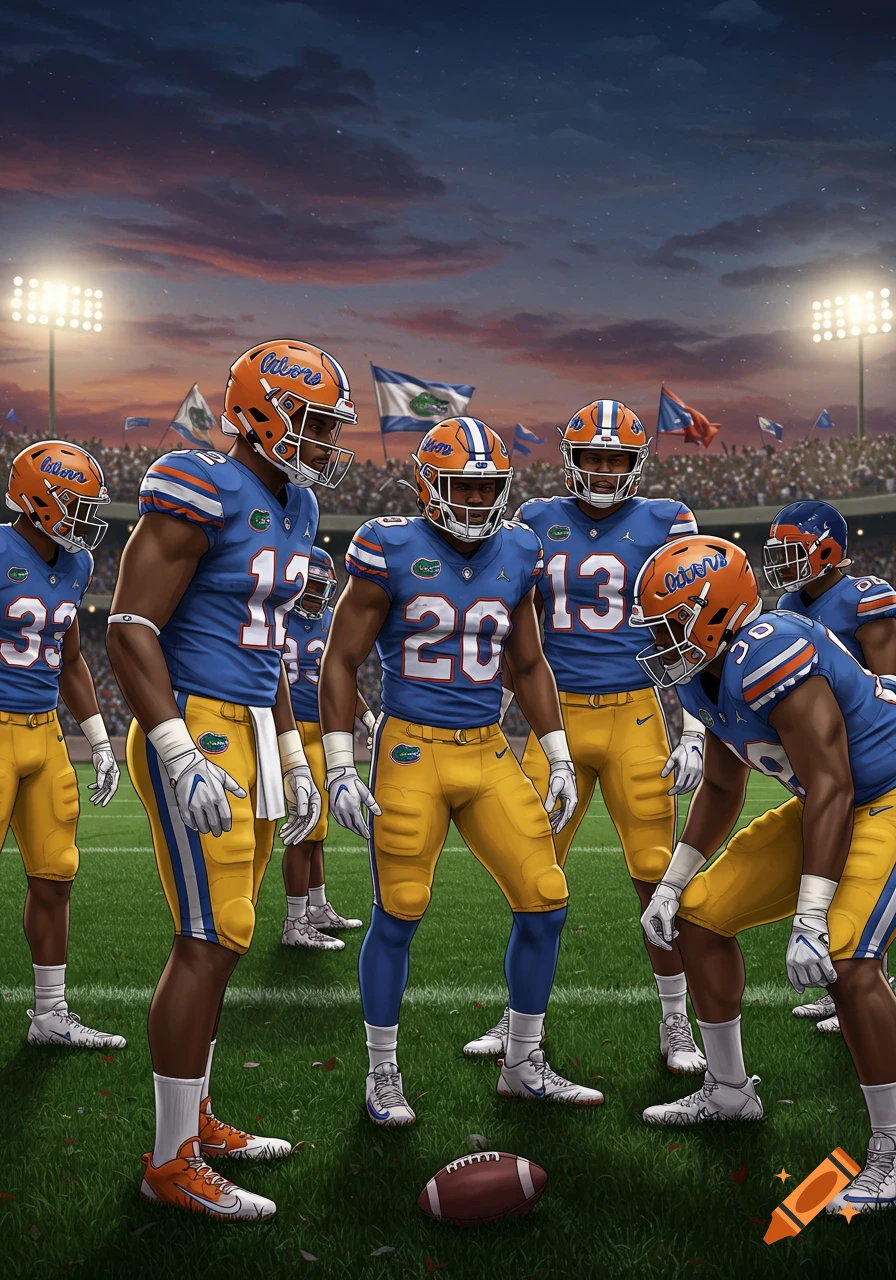 American football players in blue jerseys and orange helmets stand on a field at dusk.
