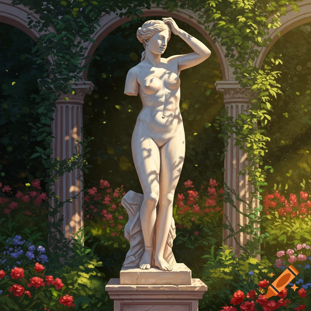 A classical white marble statue of a nude woman with missing arms stands in a lush, sunlit garden with green vines and red flowers.
