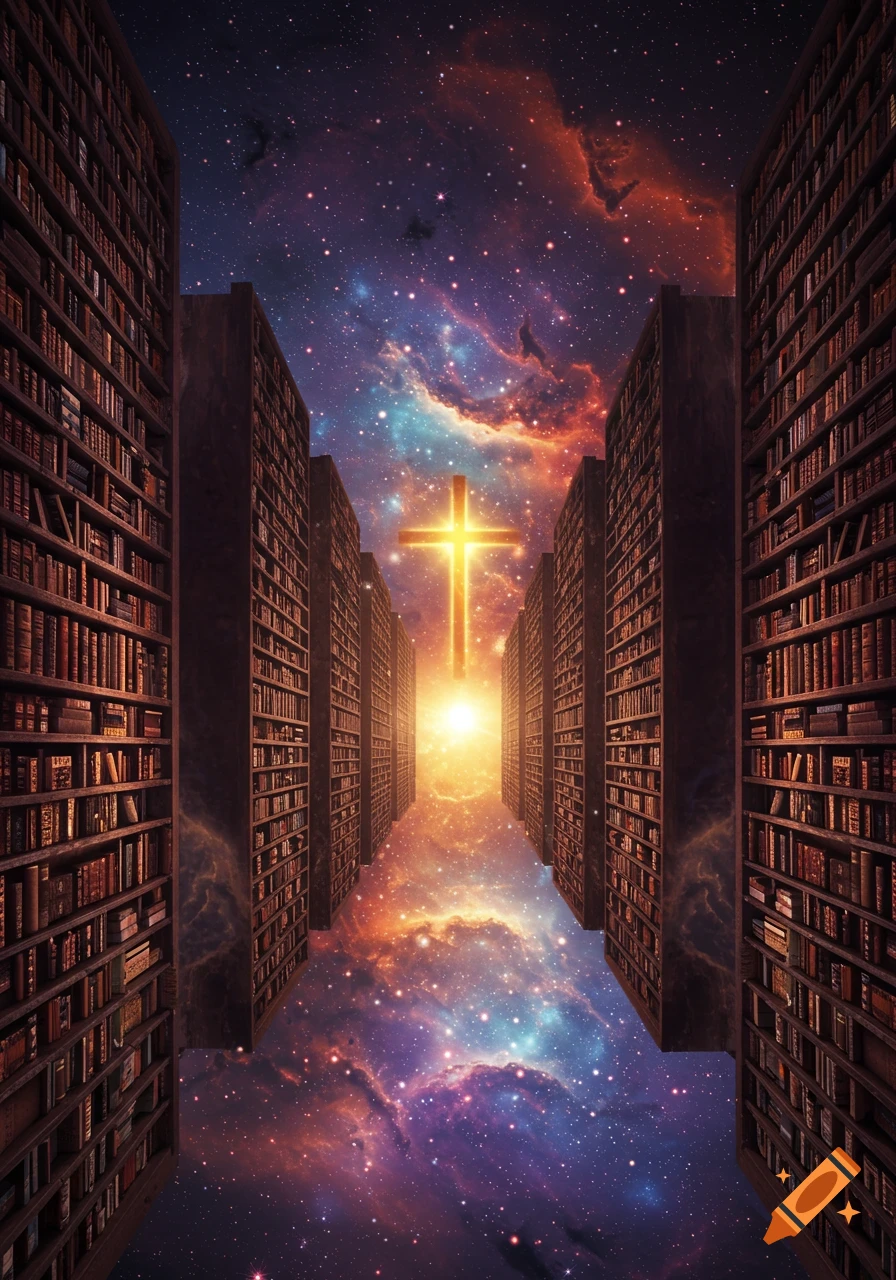 A glowing golden cross stands at the end of a long aisle formed by towering bookshelves, set against a vibrant, starry nebula background.
