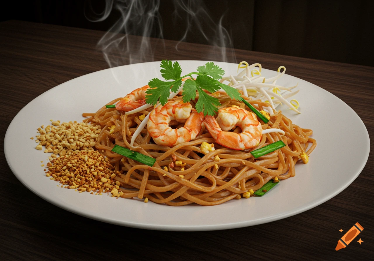 A photorealistic close-up of a steaming plate of Pad Thai with shrimp, bean sprouts, cilantro, and crushed peanuts on a wooden table.