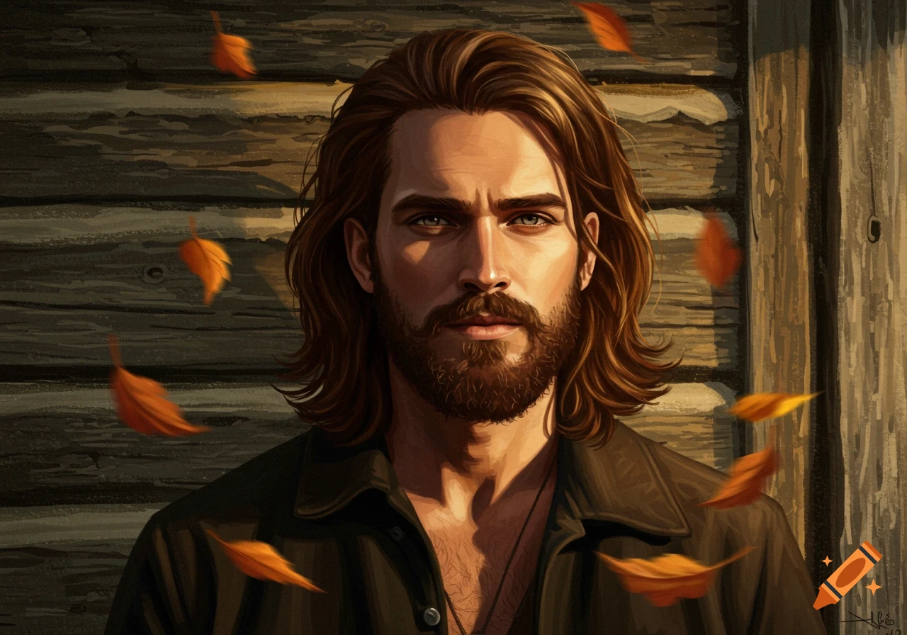 Digital painting of a man with long brown hair and a beard, with autumn leaves falling around him against a wooden wall.