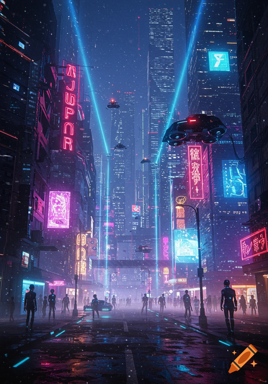 Night view of a futuristic city with glowing neon signs, flying vehicles, and silhouettes of people on a wet street.