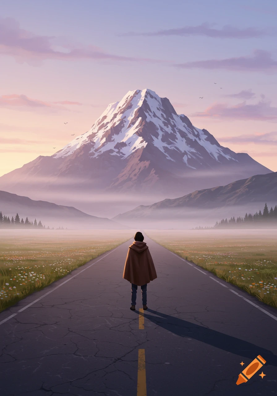 A person stands on a long road leading to a snow-capped mountain, with fields and mist under a soft sky.