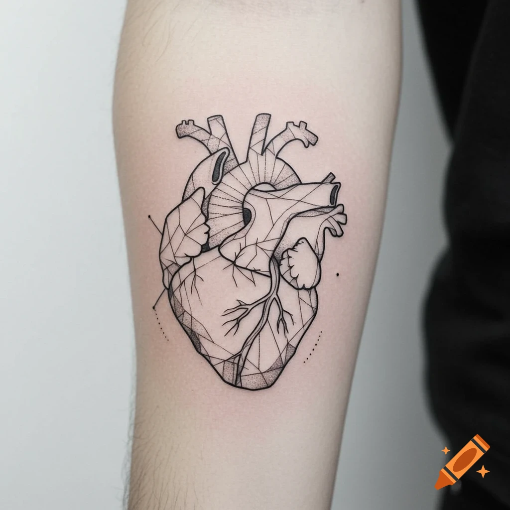 A geometric line-based tattoo of an anatomical heart on a person's arm.