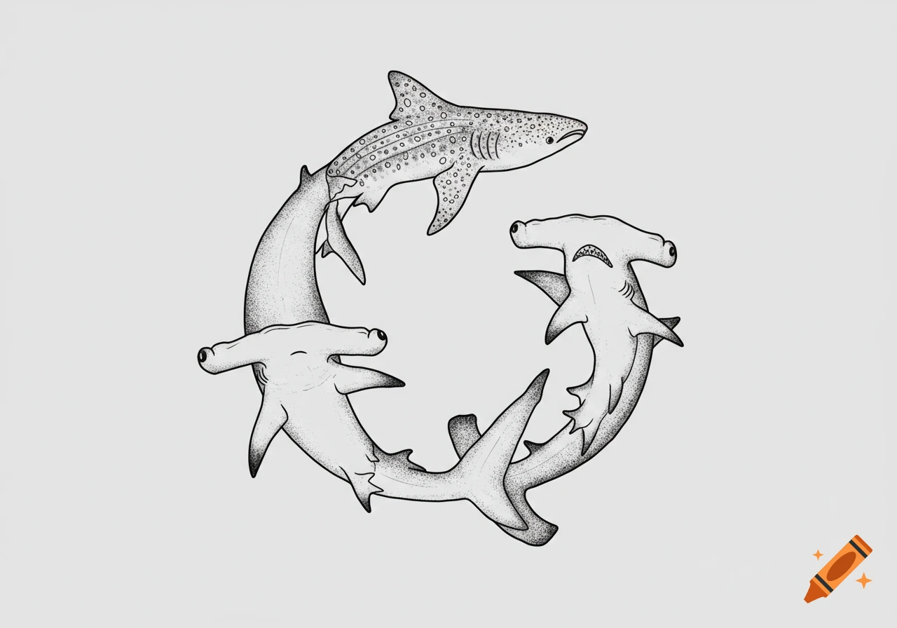 Black and white sketch of a whale shark and two hammerhead sharks swimming in a circular, head-to-tail formation.