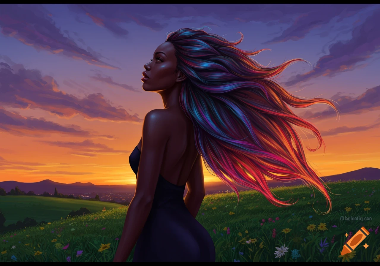 Digital art of a Black woman with long, vibrant multicolored hair, standing in a field at sunset.