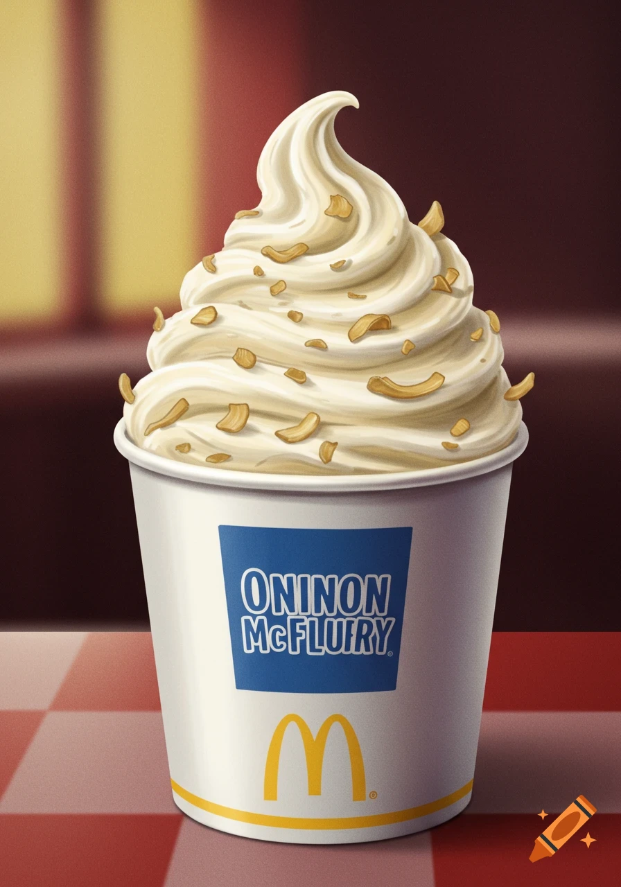 A white cup labeled 'ONINON McFLUARY' with a golden McDonald's logo, holding a swirl of white soft-serve ice cream topped with golden crisps, on a red and white checkered table.