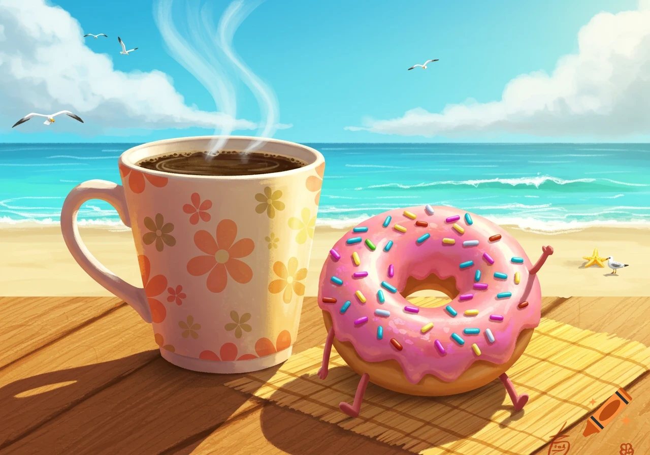 A cartoon coffee mug with flowers and a pink donut with sprinkles and small limbs are sitting on a wooden table at a sunny beach.