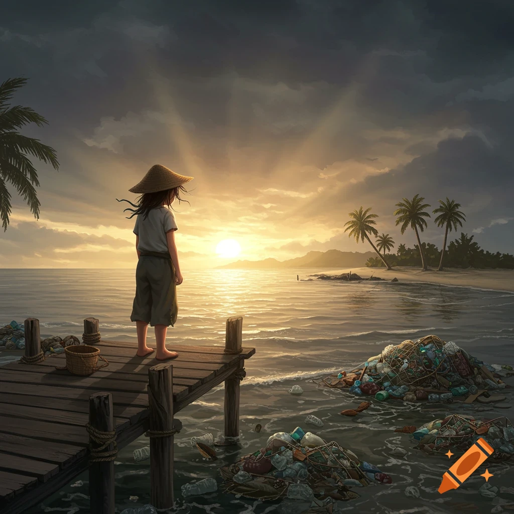 A girl in a straw hat stands on a pier, looking at a golden sunset over a polluted ocean filled with trash and plastic.