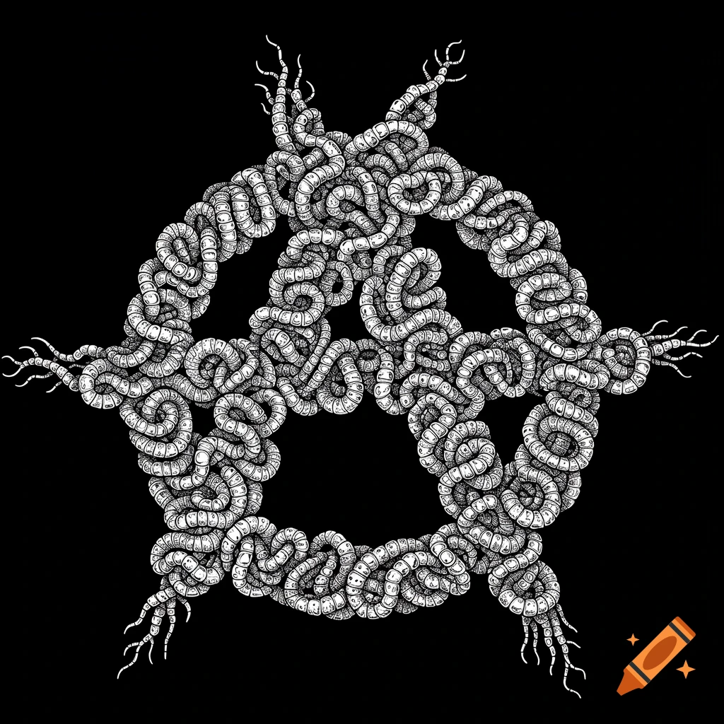 White line illustration of an anarchy logo made from intertwined worms on a black background.
