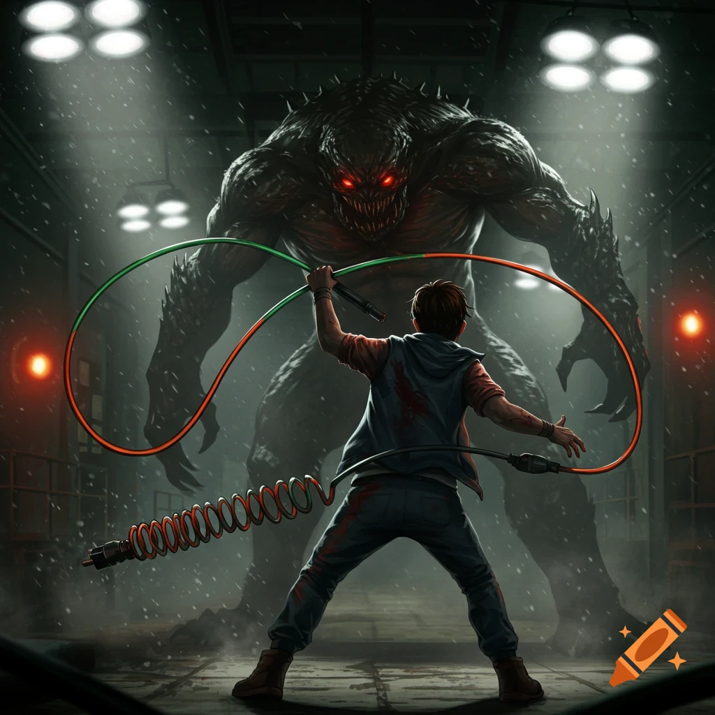 A person with an electrified cord faces off against a large, dark monster with glowing red eyes in a shadowy, snowy industrial setting.