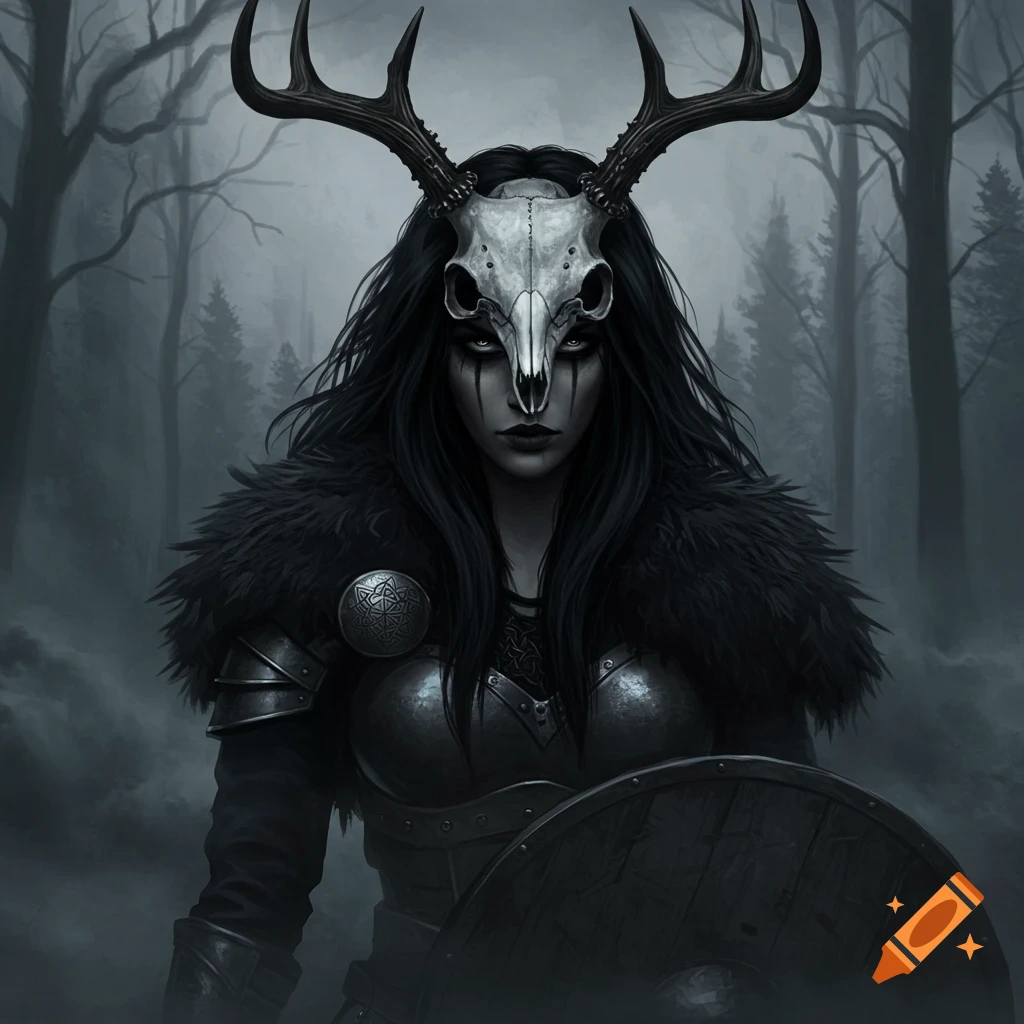 A female warrior with long dark hair, wearing a deer skull helmet and dark armor, holding a shield in a misty forest.