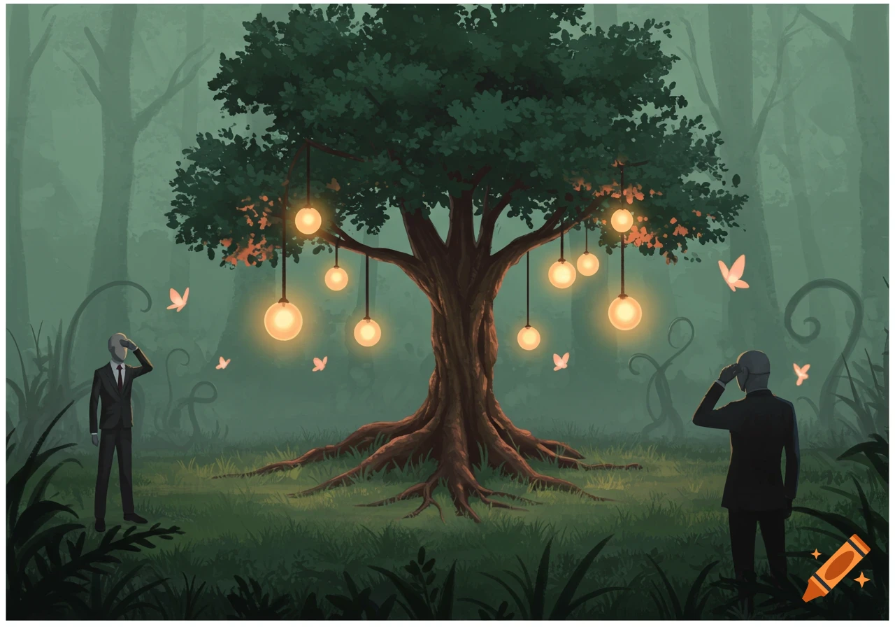 Two faceless figures in suits stand in a mystical, misty forest around a large tree adorned with glowing orbs and butterflies.