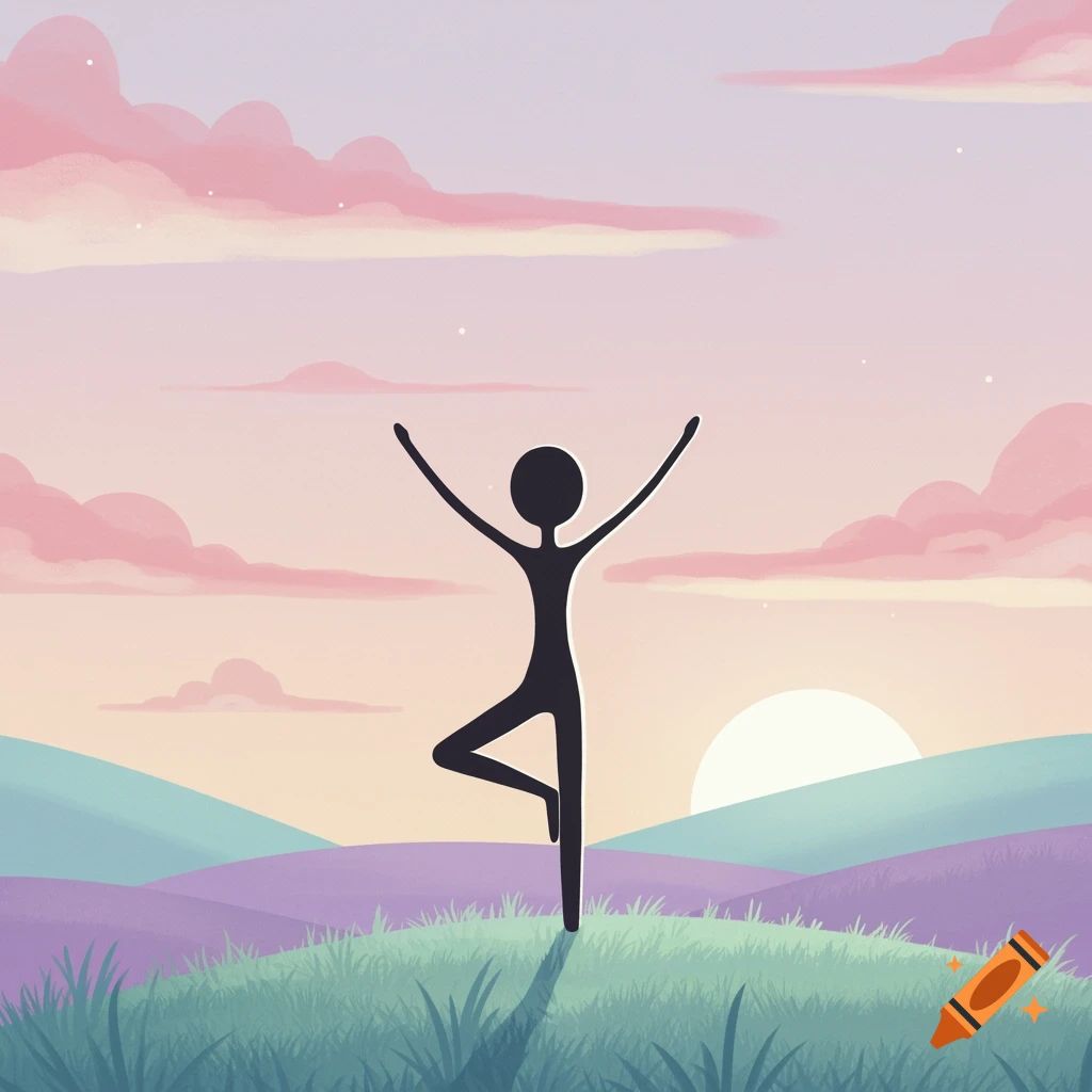 A black stick figure stands in a tree yoga pose on a grassy hill with rolling purple mountains and a pink sunset sky.