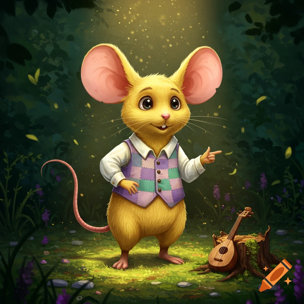 A cute, anthropomorphic yellow mouse wearing a patched waistcoat stands in a forest and points, with a small lute resting on a tree stump nearby.