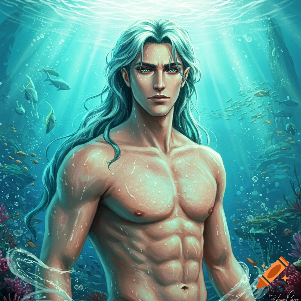 A handsome, muscular man with long blue hair and piercing blue eyes, depicted shirtless underwater with fish and coral in a vibrant digital art style.