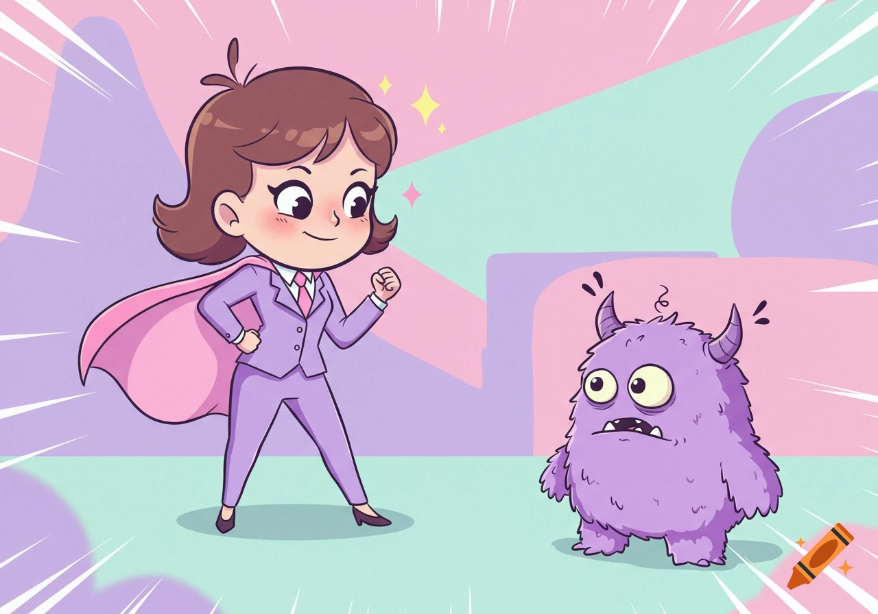 A cute cartoon female superhero in a pastel suit stands heroically opposite a surprised purple furry monster on a colorful pastel background.