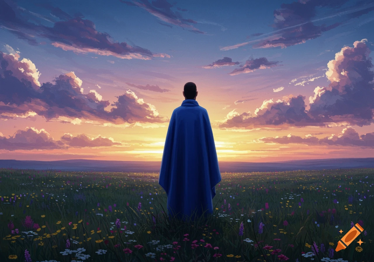A person in a blue cape stands in a field of colorful flowers, watching a vibrant sunset in a painterly style.