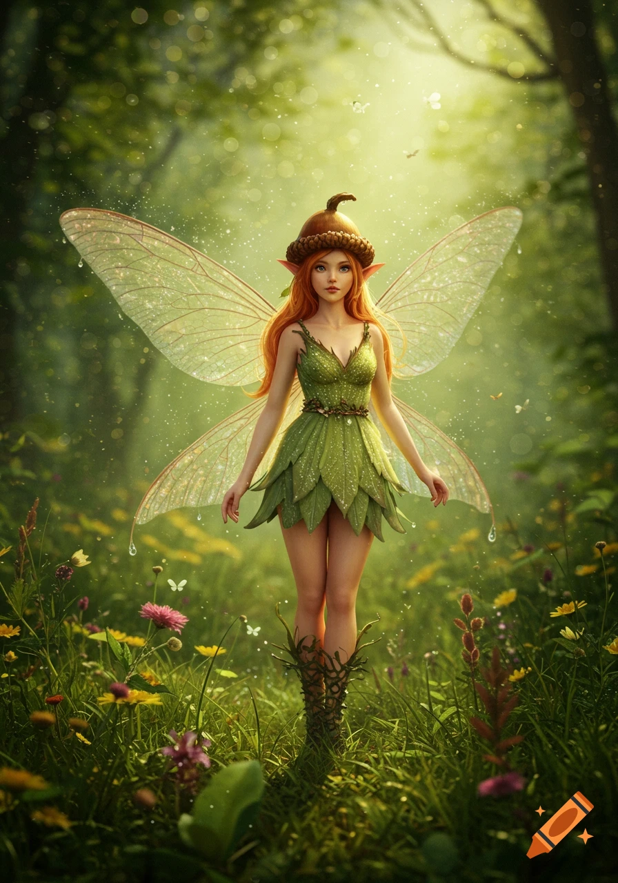 A red-haired fairy with translucent wings, a green leaf dress, and an acorn hat stands in a lush, magical forest with glowing particles.