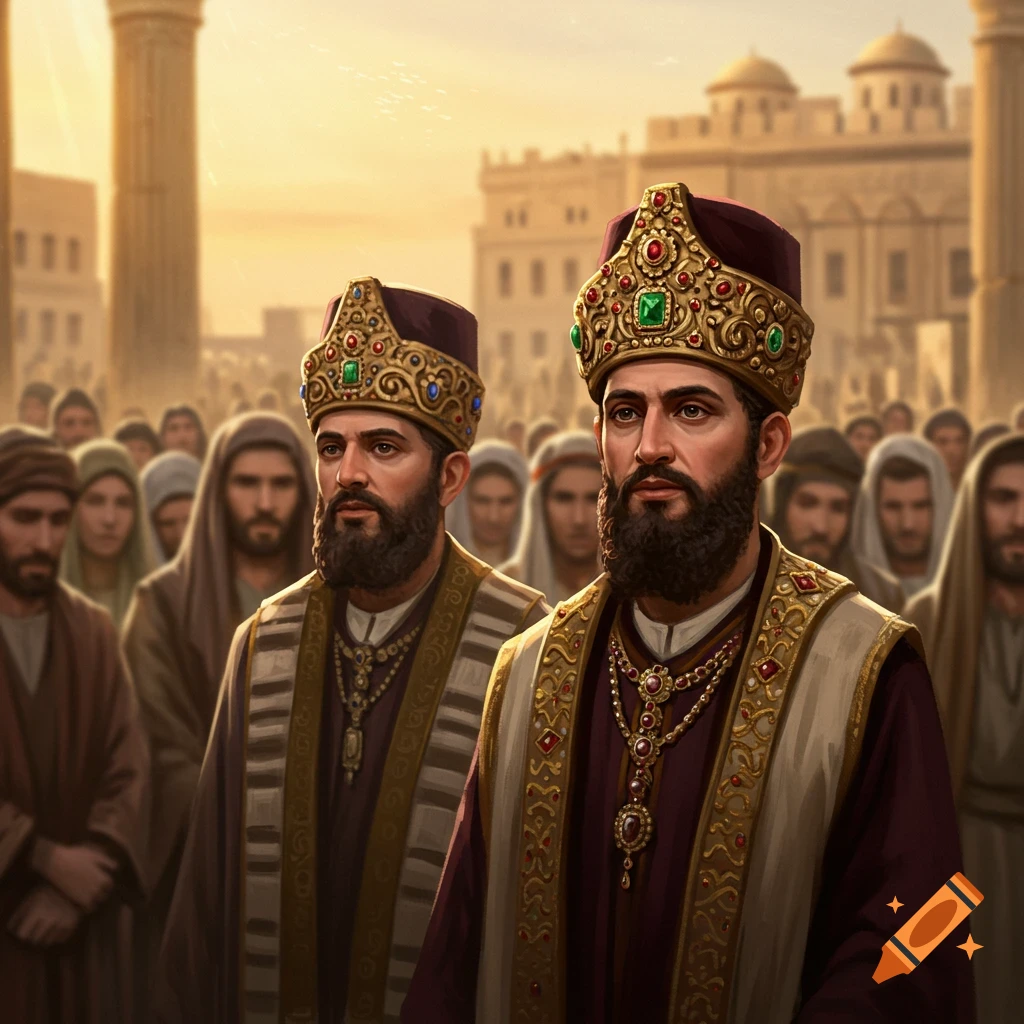 Two bearded men in ornate jeweled crowns and robes stand in a blurred crowd in an ancient city at sunset.