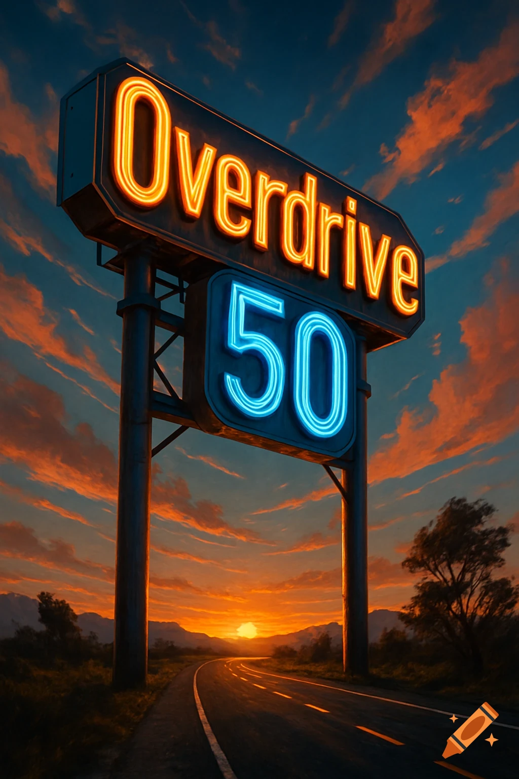 A large neon sign reading 'Overdrive 50' stands over a winding road during a sunset with orange clouds and mountains.
