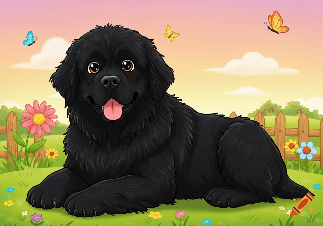 A happy black Newfoundland dog cartoon lying in a grassy field with colorful flowers and butterflies under a pastel sky.