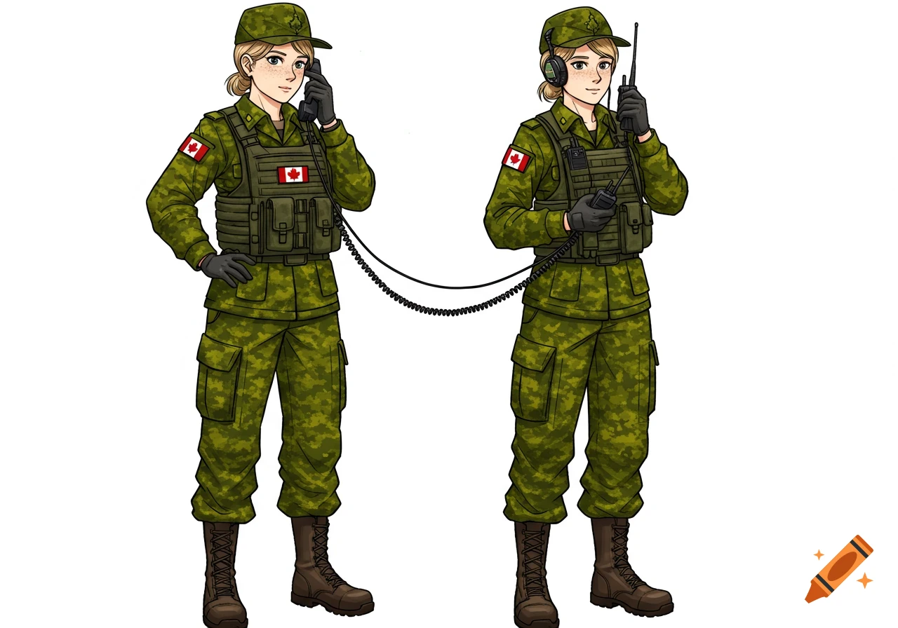 Manga illustration of two female Canadian Army soldiers in camouflage uniforms, operating radios.
