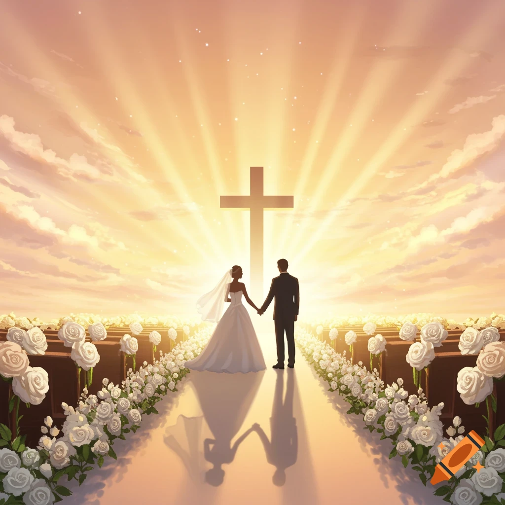 Silhouettes of a bride and groom holding hands, walking towards a glowing Christian cross on a rose-lined path under a dramatic sky.
