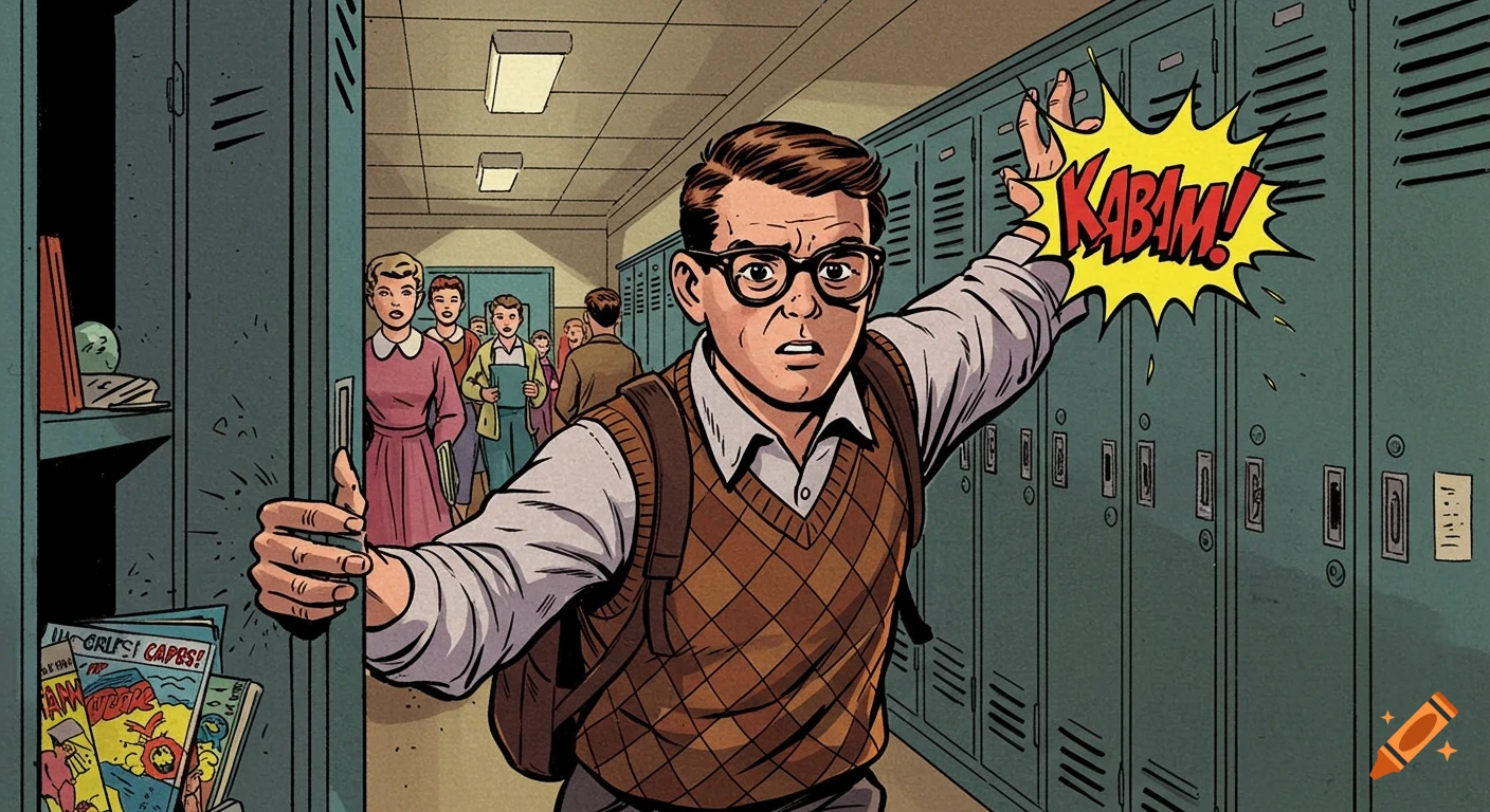 A nerdy student with glasses and a backpack slams his locker in a 1950s school hallway, with a yellow 'KABAM!' burst and other students in the background, in a comic book art style.