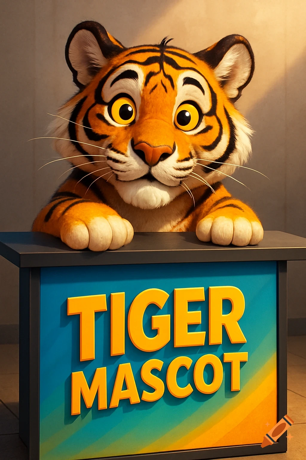 A cute, orange cartoon tiger with big eyes peeking over a blue and orange stand with the words 'TIGER MASCOT' in bold letters.