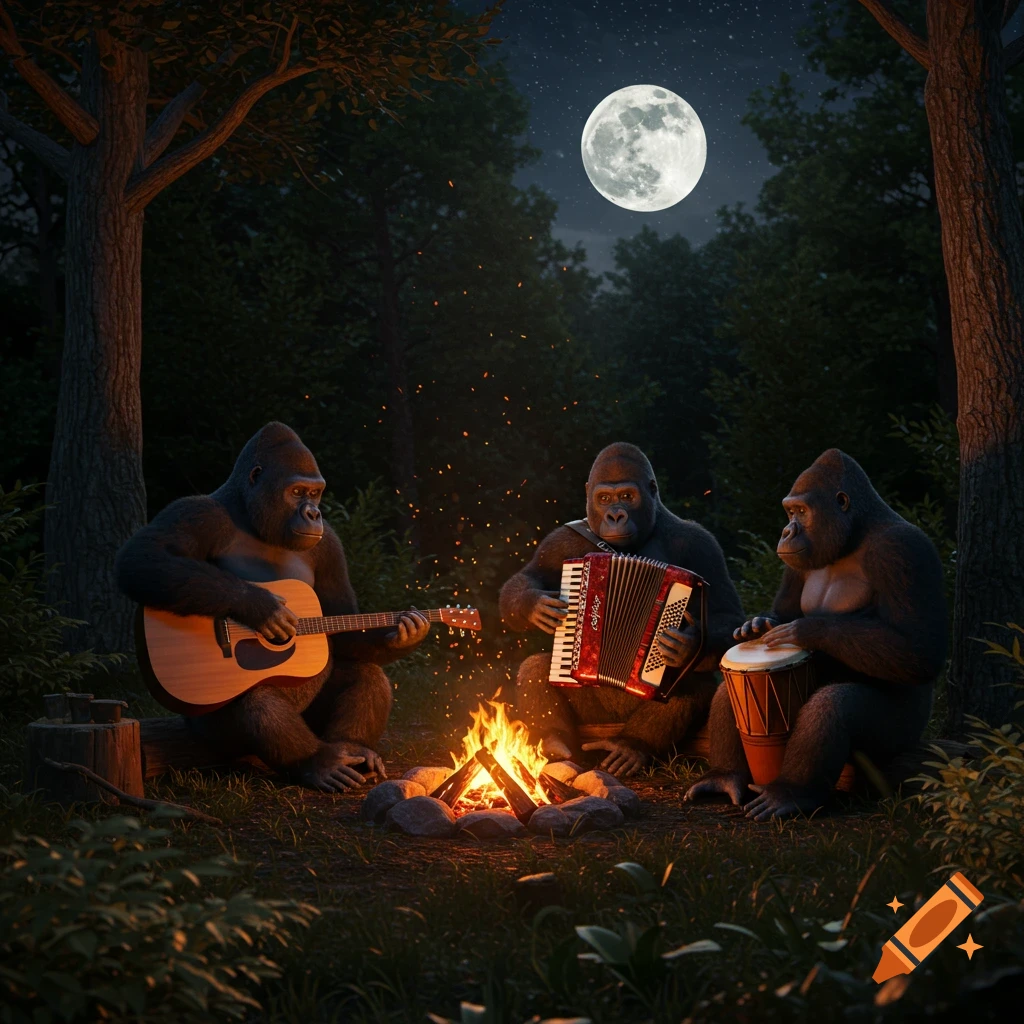 Three realistic gorillas play guitar, accordion, and bongos around a campfire in a moonlit forest at night.