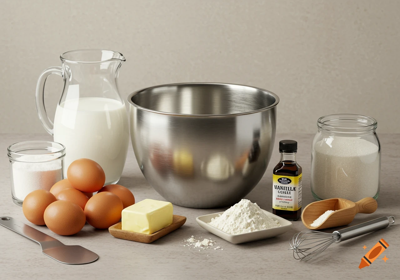 Photorealistic still life of baking ingredients: milk, eggs, flour, butter, sugar, and vanilla extract on a table.