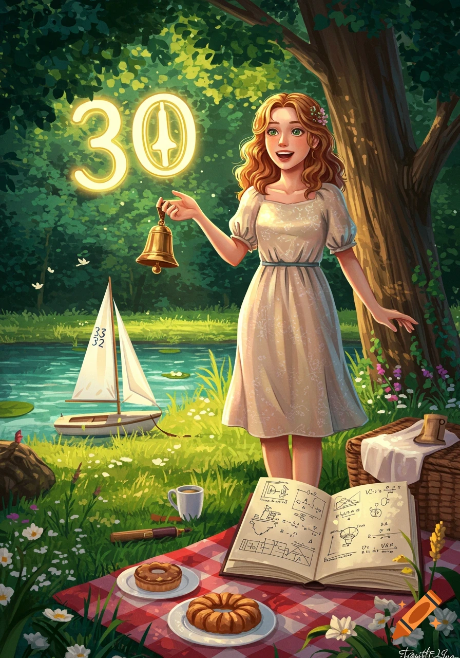 An idyllic illustration of a smiling young woman in a meadow, holding a bell, with a sailboat on a lake and an open science book, glowing number 30, and picnic items nearby, in a lush green forest.