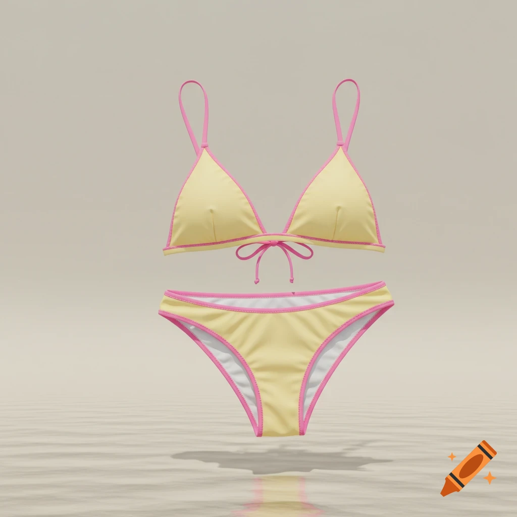 A pastel yellow two-piece bikini with hot pink trim and white lining floats above a reflective surface.