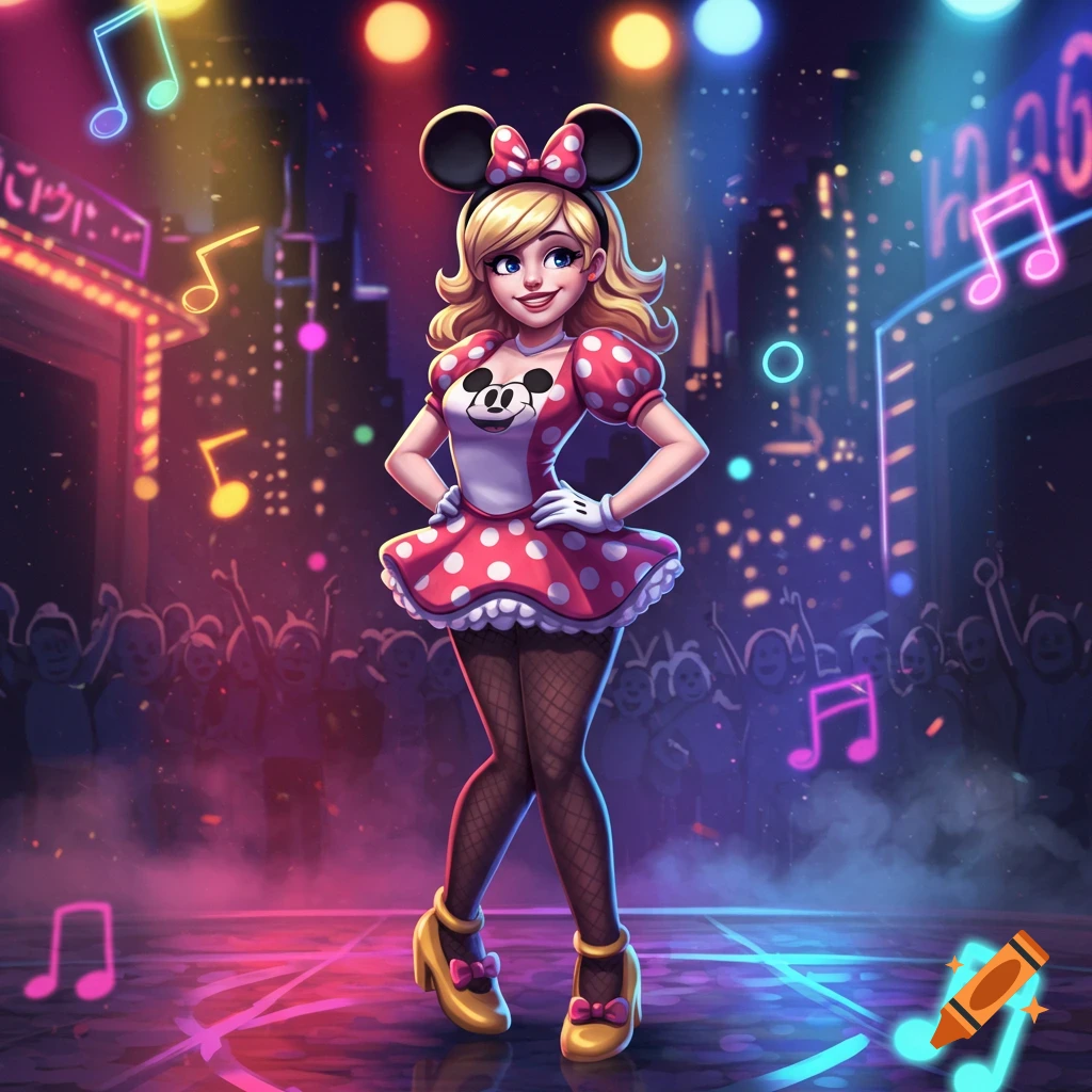 Vibrant cartoon of a blonde woman in a red polka-dot Minnie Mouse costume on a stage with neon lights and musical notes.