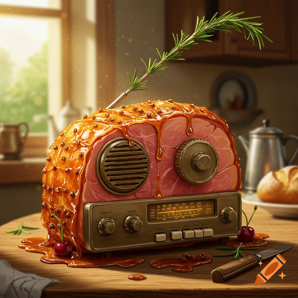 A radio made of a glazed ham with cloves and rosemary sits on a wooden kitchen counter with cherries and a knife.