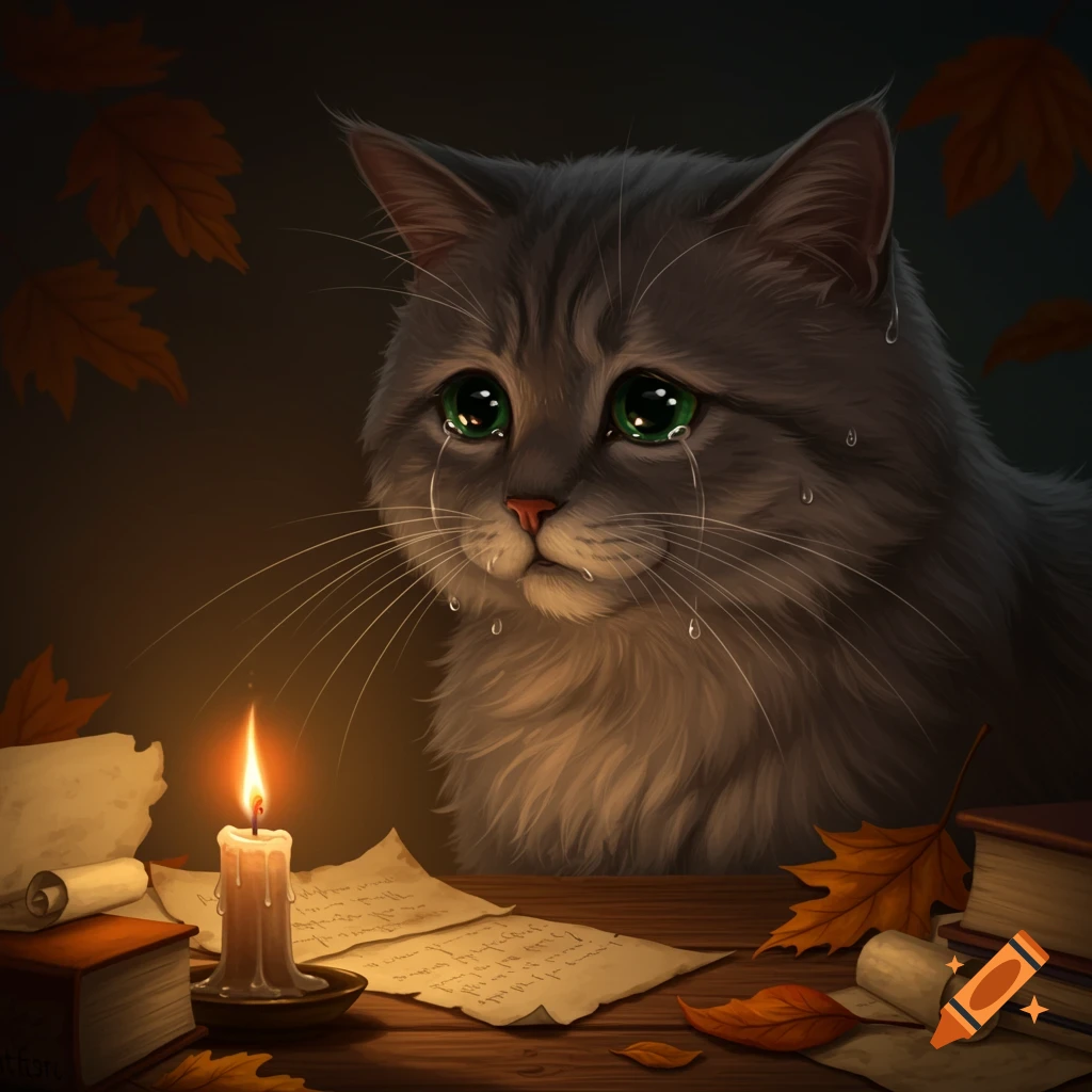A fluffy gray cat with green eyes cries beside a lit candle, papers, and books on a wooden table, with autumn leaves in the background. Illustrated.