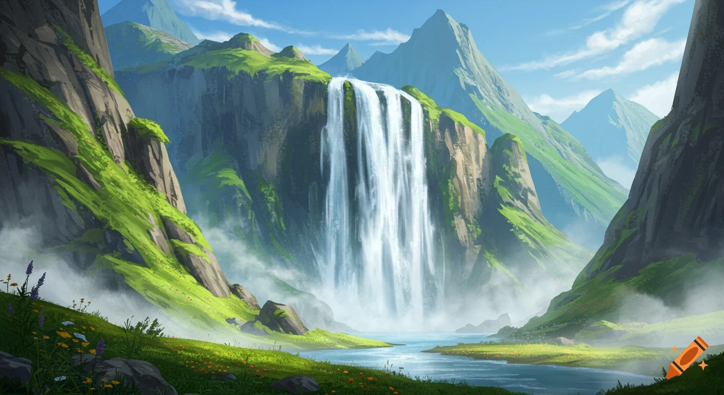 A majestic waterfall cascades down a cliff into a river in a green, misty mountain valley.