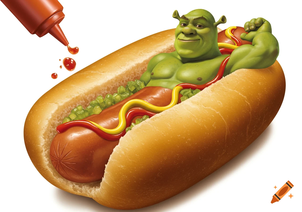 Hyper-realistic Shrek as a muscular hotdog in a bun with ketchup, mustard, and relish, a bottle squirts ketchup on him.