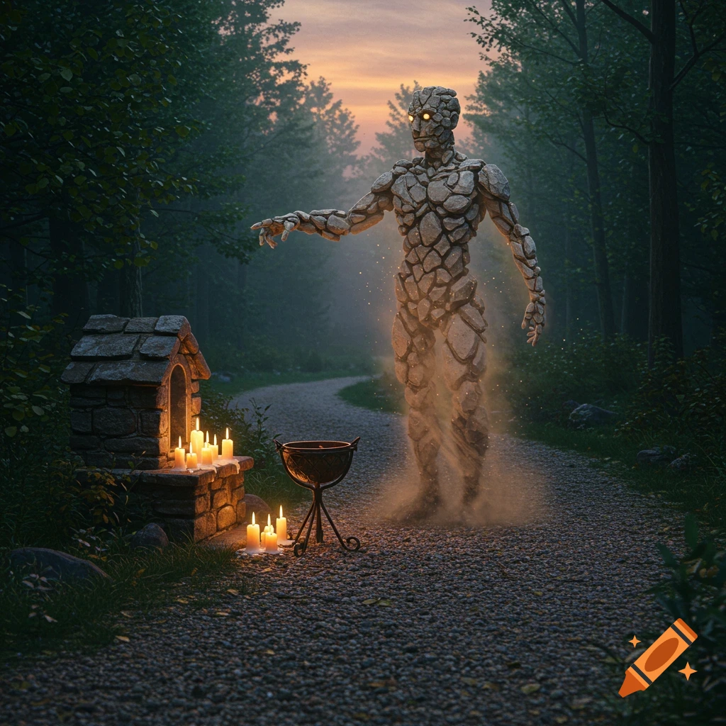 A rock golem points to a candle-lit stone shrine on a gravel path in a misty forest at sunset.