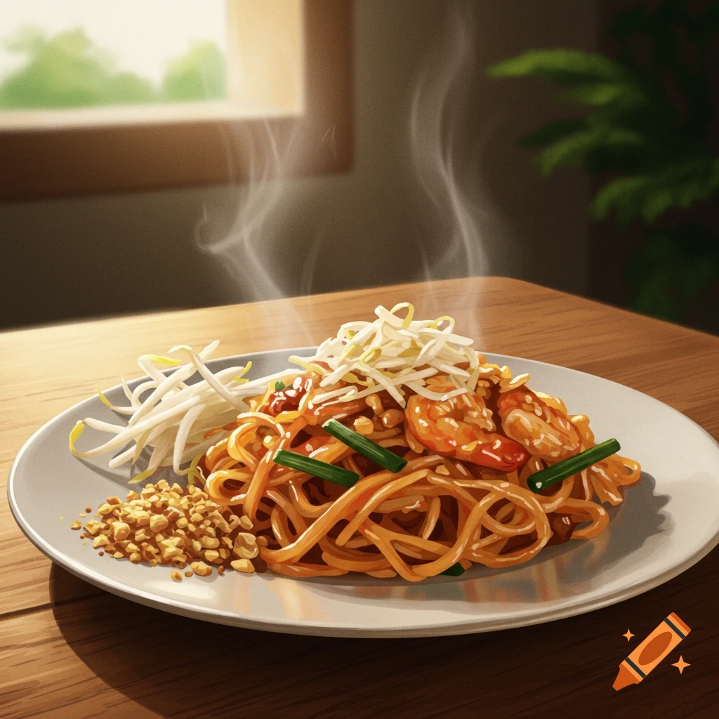 A steaming plate of Pad Thai with shrimp, bean sprouts, and peanuts on a wooden table, in an illustrative style.